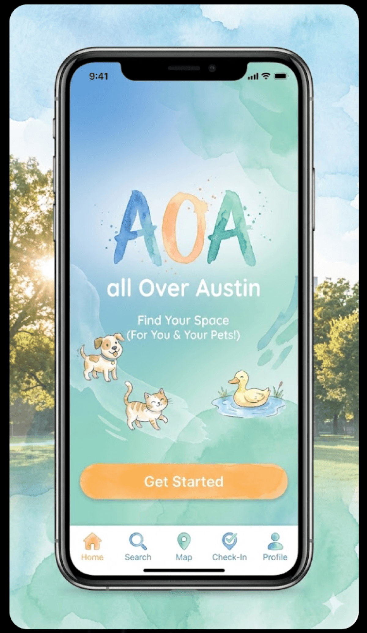 AOA (All Over Austin) splash screen with watercolor gradient and playful animal illustrations