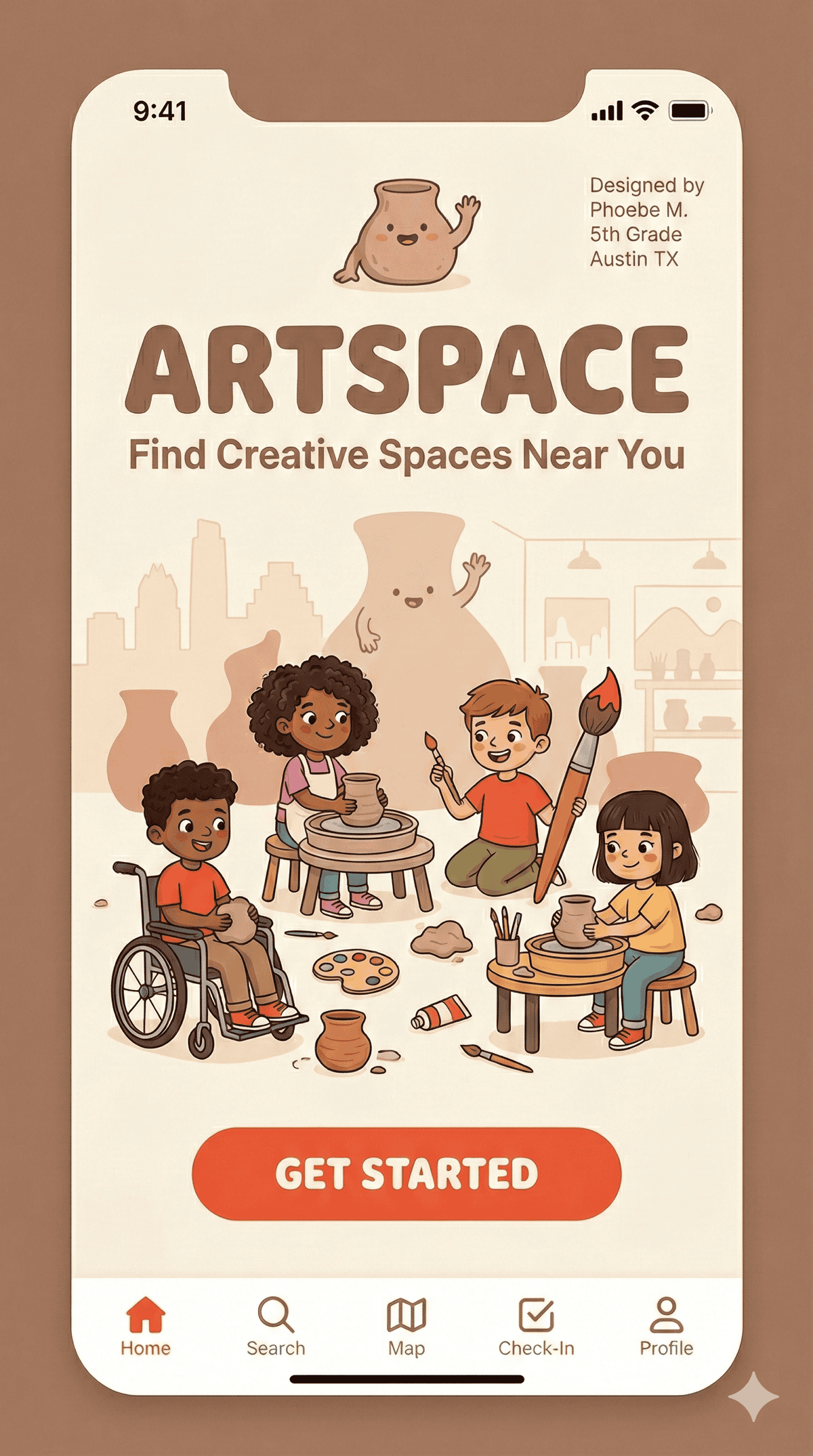 ArtSpace app splash screen with diverse kids doing pottery and the tagline Find Creative Spaces Near You