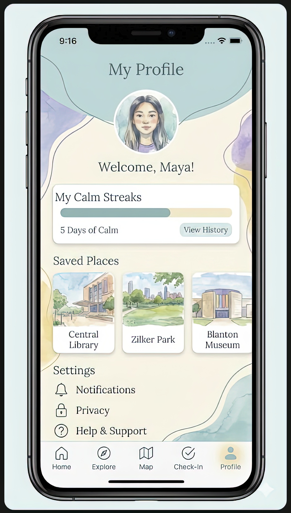 Four-screen overview of ATX Third Spaces showing the Home, Explore, Wellness Check-In, and Profile screens in a calming watercolor style