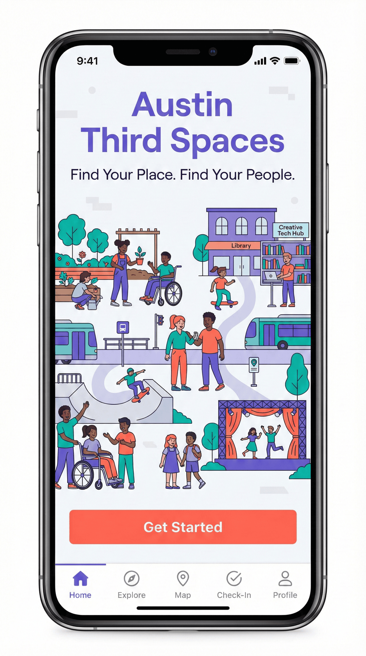 Austin Third Spaces splash screen with diverse illustrated youth and the tagline Find Your Place Find Your People