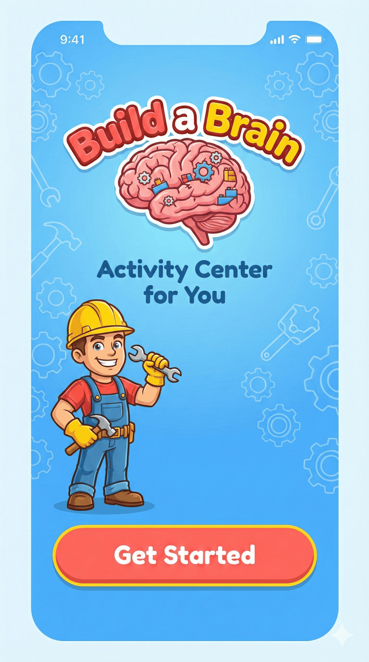 Build a Brain title screen with construction worker mascot and colorful brain illustration
