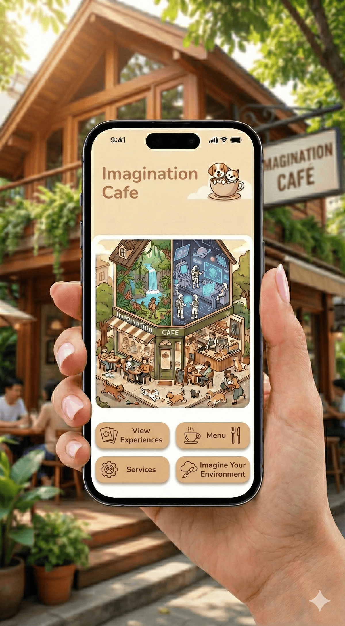 Imagination Cafe app home screen with cozy cafe building and climate rooms