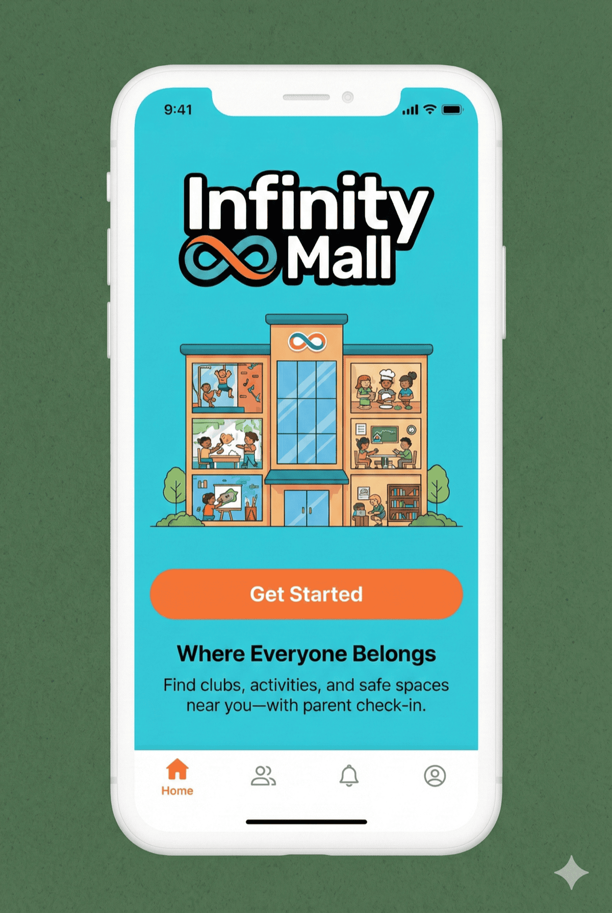 Infinity Mall splash screen showing a colorful community building with the tagline Where Everyone Belongs