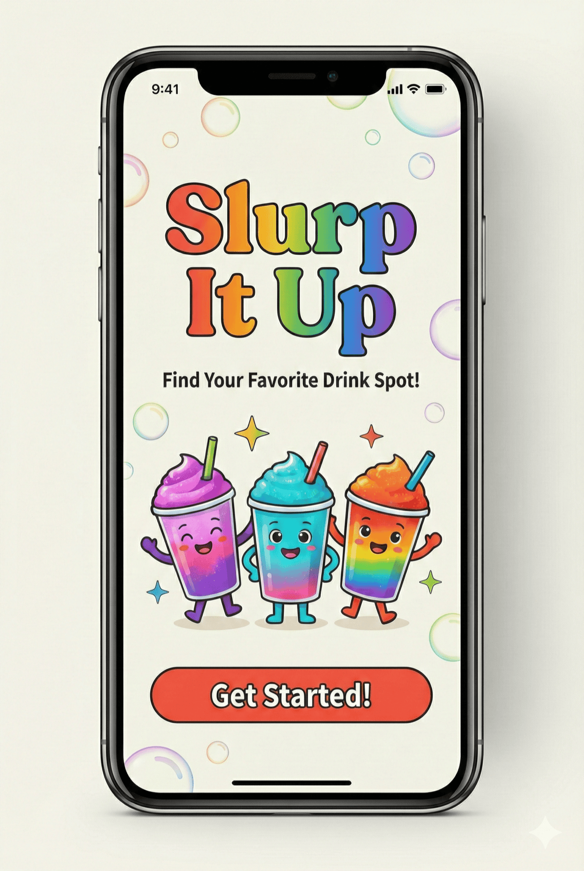Slurp It Up splash screen with rainbow logo and three smiling cartoon slurpee characters