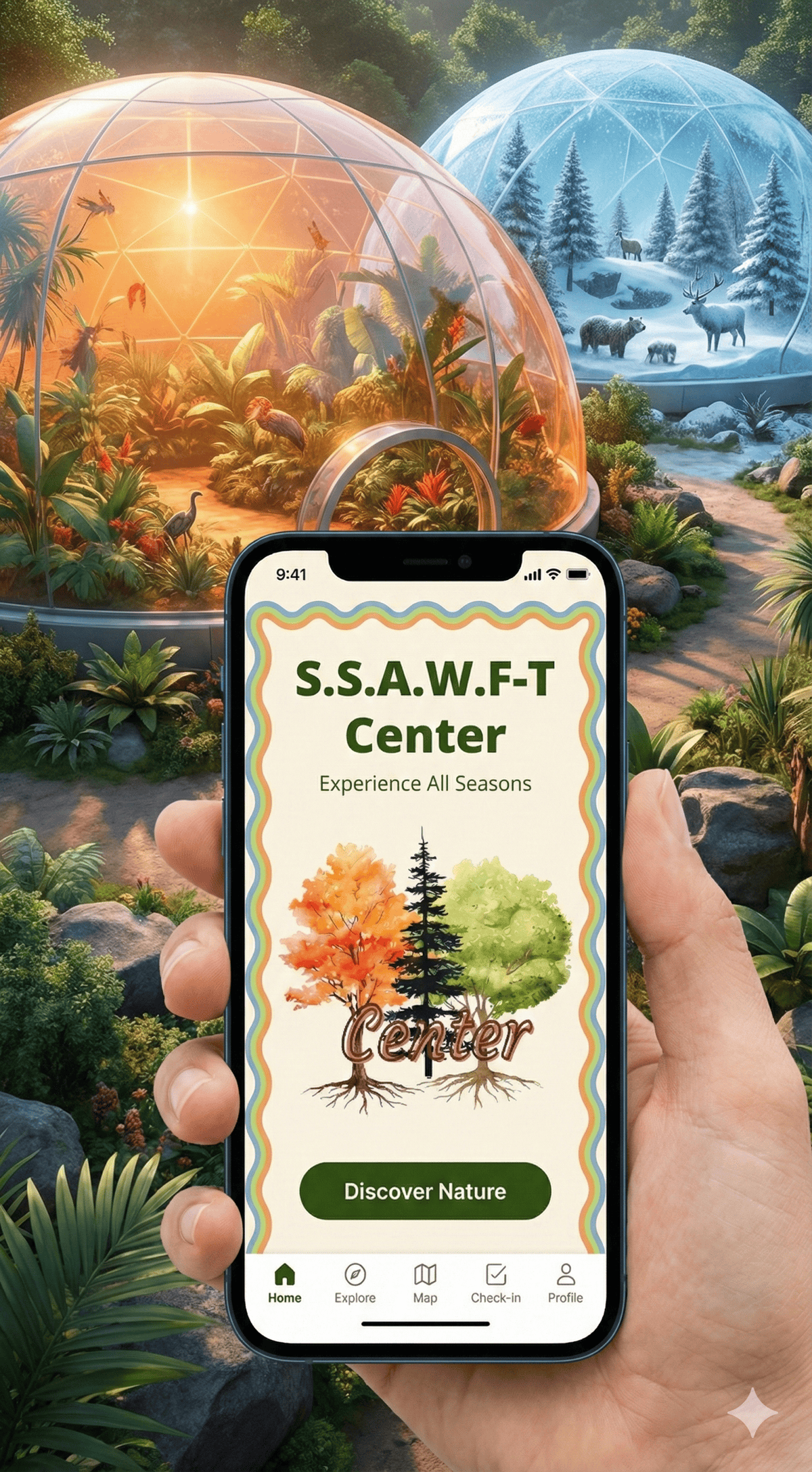S.S.A.W.F-T Center splash screen with three seasonal trees and two climate domes in the background