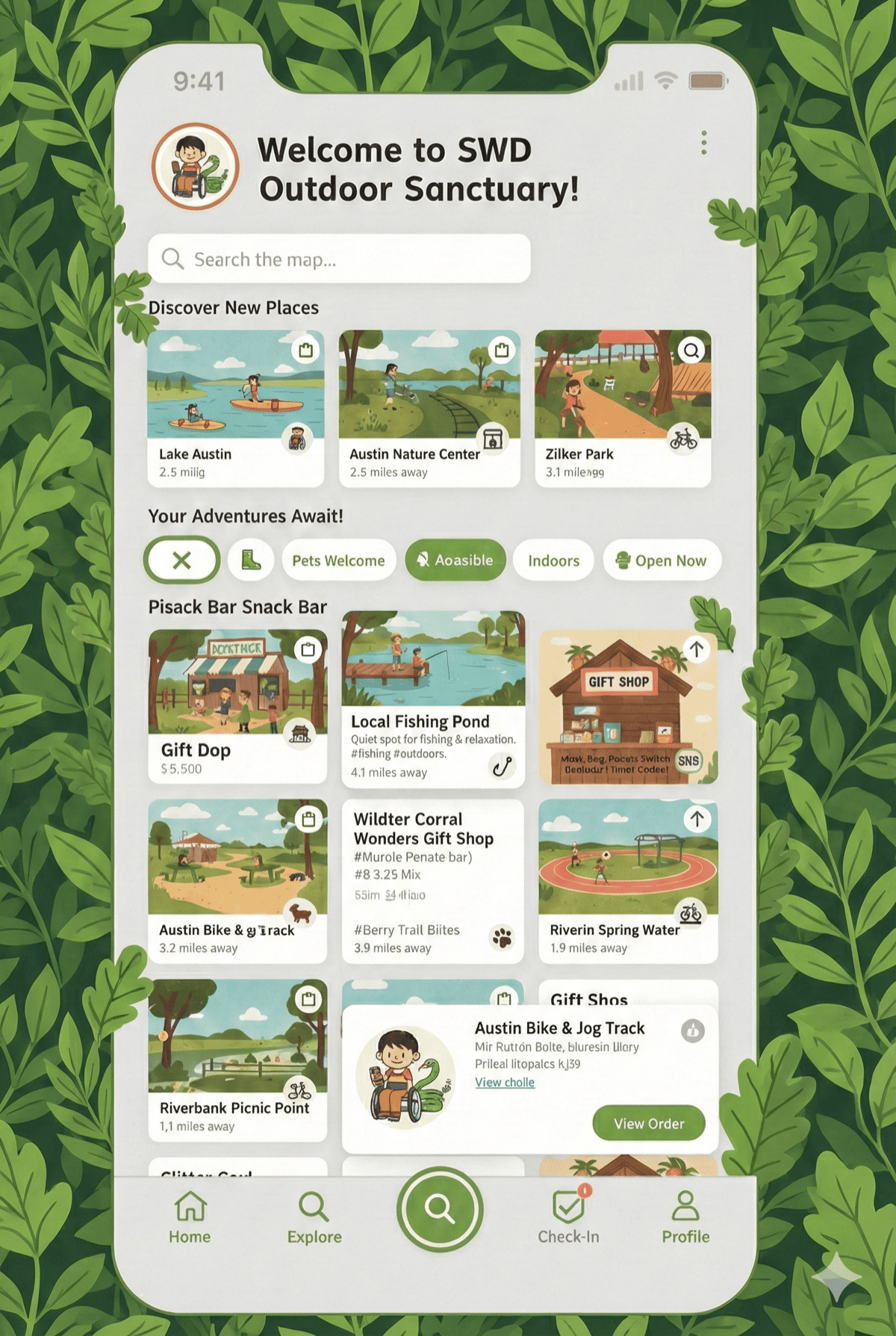 SWD Outdoor Sanctuary home screen with nature-themed illustrations and accessible activity listings