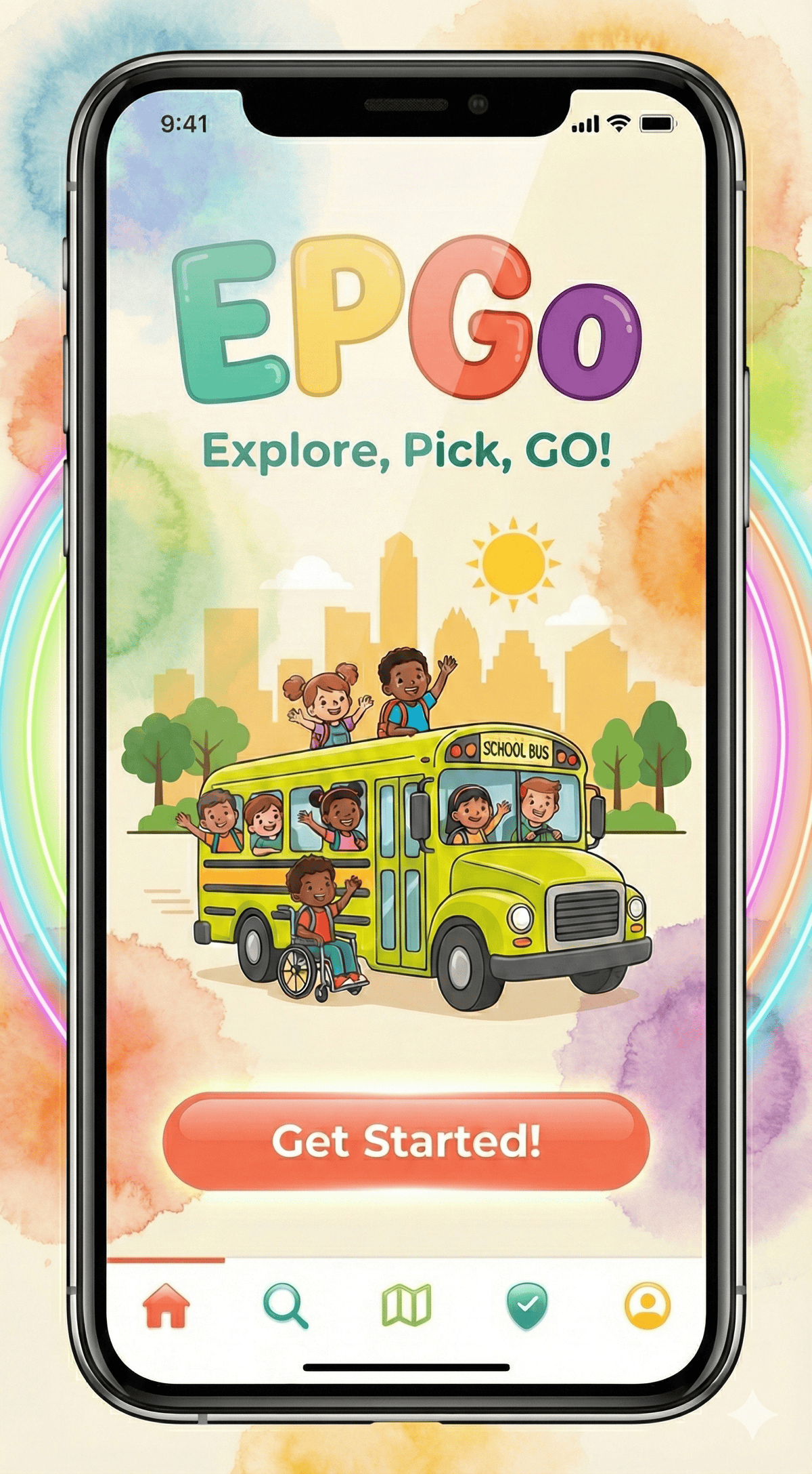 EPGo app splash screen with diverse kids on a colorful bus and the tagline Explore, Pick, GO!