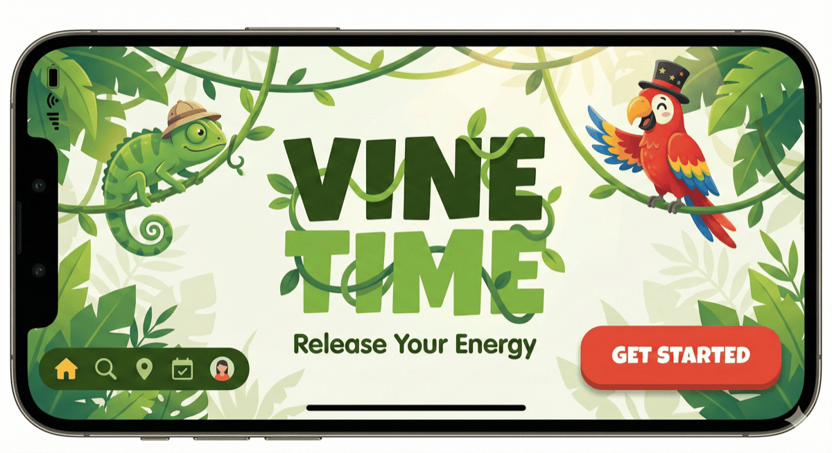 Vine Time logo with jungle vines, chameleon and parrot mascots, and the tagline Release Your Energy