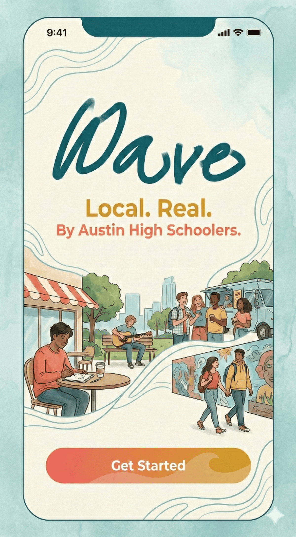 Wave app splash screen with flowing teal logo and diverse Austin teens at local hangout spots